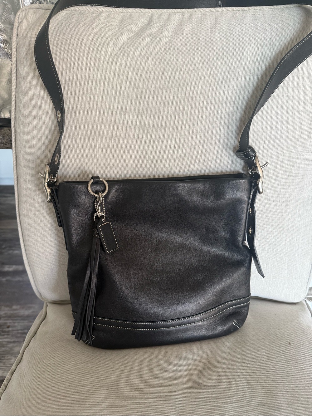 Vintage Coach Black Leather Crossbody Bag with Tassel